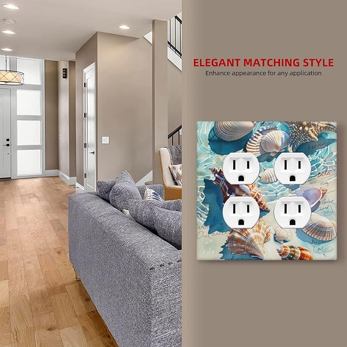 Outlet Covers Ocean Waves Starfish Conch Scallop Shell 2 Gang Double Duplex Decorative Light Switch Covers Electrical Wallplates Socket Faceplate For Kids Room Nursery Decor