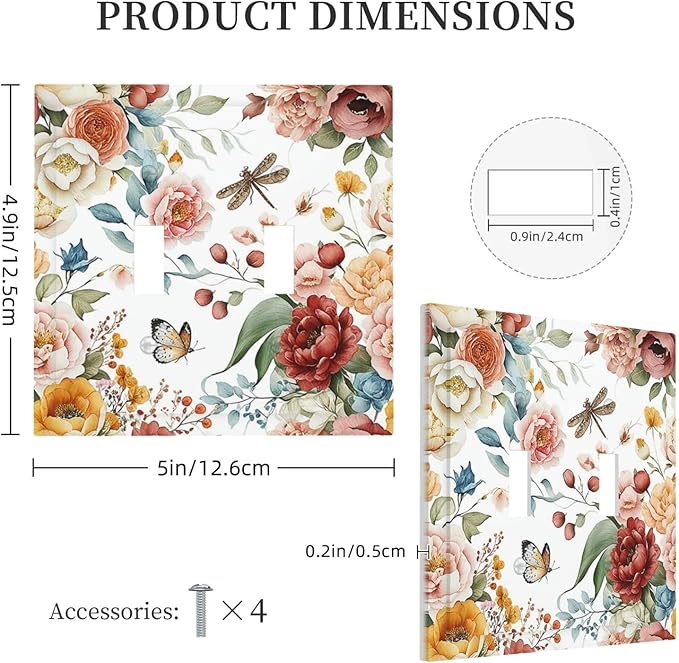 Rustic Style Colorful Peony Butterfly Dragonfly Decorative Switch Plates 2 Gang Double Toggle Wall Plate Electrical Faceplate Outlet Light Switch Cover for Bedroom Living Room Decor