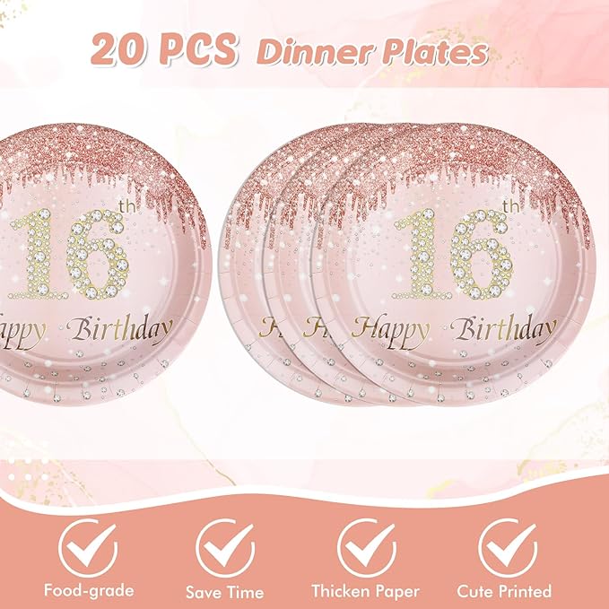 16th Birthday Party Decorations for Girls, Rose Gold Birthday Supplies Include 20Pcs Dinner Plates, 20Pcs Dessert Plates, 20Pieces Napkins and 2 Tablecloth, Sweet Sixteen Birthday Party Tableware