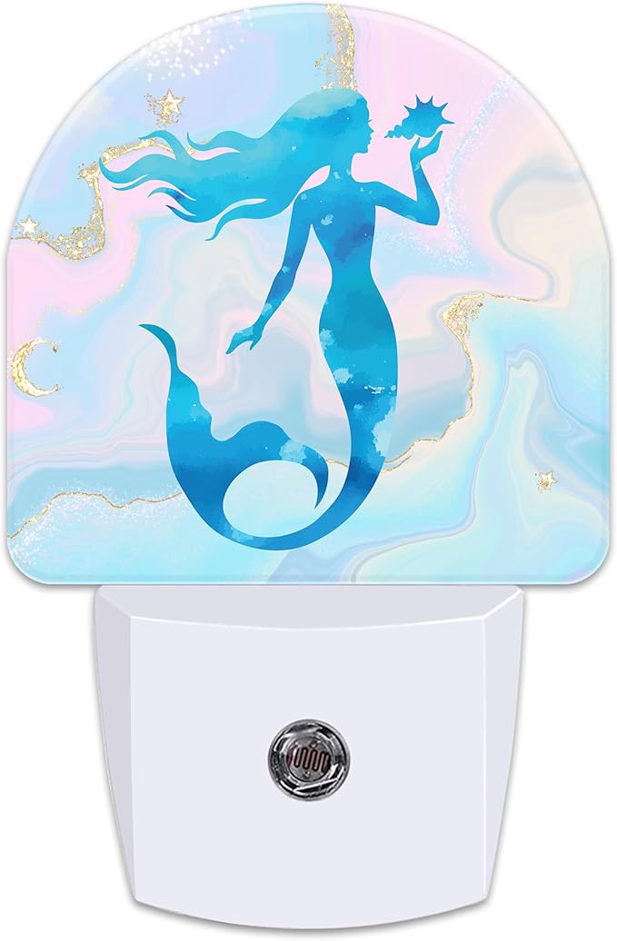Watercolor Blue Mermaid Night Light for Kids,Pastel Pink Glitter Liquid Marble Plug in Night Light with Dusk to Dawn Sensor, 0.5w Energy Saving Nightlight for Hallway Stairway Kitchen Bedroom