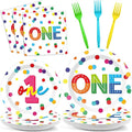CHUNNIN 96pcs Rainbow 1st Birthday Plates and Napkins Confetti Happy Birthday Party Decorations with Polka Dot Confetti Dessert Plates Colorful 1st Tableware for 24 Guests 1 Year Old Party Supplies