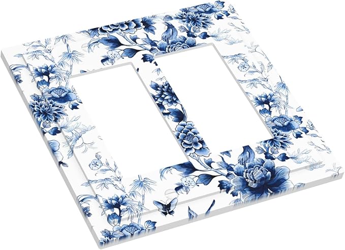 Blue Flower White Floral Plant Bird Butterfly Decorative Outlet Covers 2 Gang Double GFCI Rocker Electrical Wall Panels Light Switch Cover Plate for Bedroom Living Room Decor