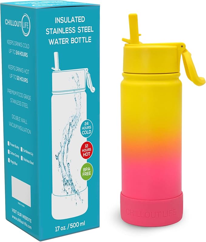 CHILLOUT LIFE 17 oz Kids Insulated Water Bottle for School with Straw Lid Leakproof and Cute Waterproof Stickers, Personalized Stainless Steel Thermos Flask Metal Water Bottle for Girls & Boys