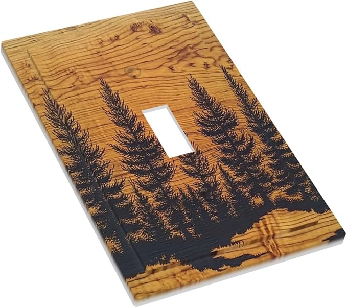 Decorative Light Switch Cover Forest Pine Silhouette Rustic Wood Grain 1 Gang Single Toggle Device Electrical Faceplate Switchplates Decorator Outlet Wall Plate For Farmhouse Cabin Decor