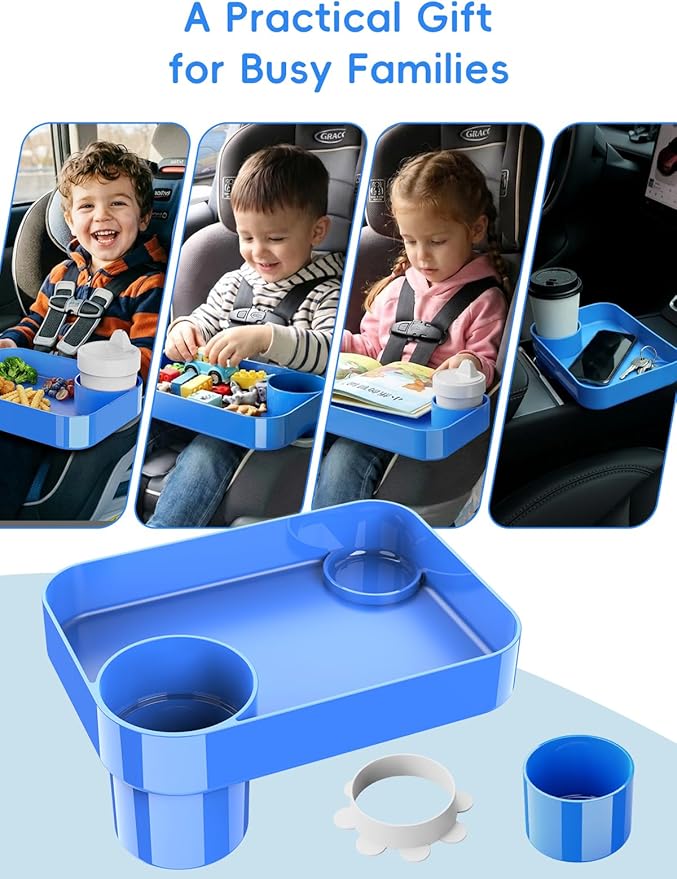 Car Seat Cup Holder Snack Tray for Kids, Reduces Mess, Detachable Large Base & Adjustable Ring, Carseat Tray for Toddler, Car Seat Food Tray Eating Table for Kids Travel Road Trip -Blue