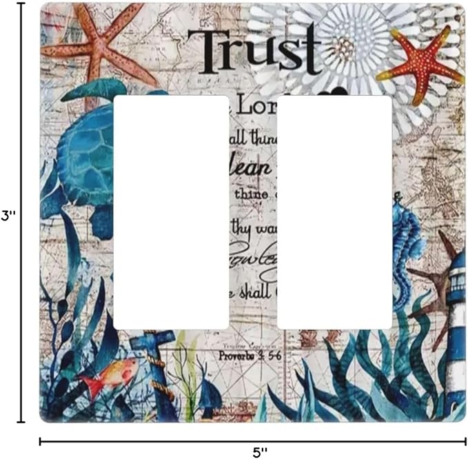 2 Gang Electrical Decora/GFCI Device Wallplate Nautical Map Turqoise Teal Blue Anchor Seahorse Starfish Sea Ocean Turtle Beach Double Decorator Rocker Outlet Light Switch Cover Electric Faceplate