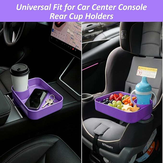 Car Seat Snack Tray for Kids, Mess-Free Square Travel Tray Cup Holder Snack Tray, Durable Car Food Tray for Toddlers, Universal Fit Kids Travel Road Trip Essentials (purple)