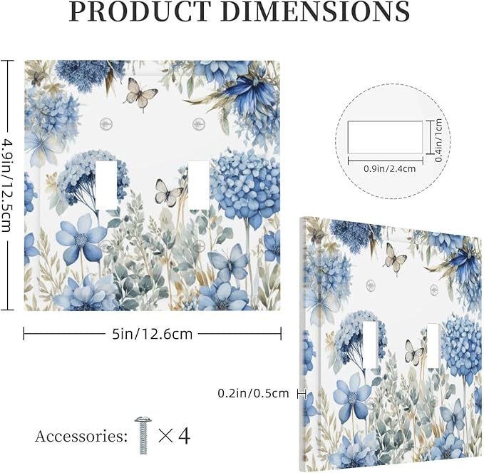 Decorative Light Switch Plate Covers Boho Blue Flowers Rustic Beige Butterfly Leaves 2 Gang Wall Plate Double Toggle Switch Cover Plate Electric Dual Device Electrical Faceplate