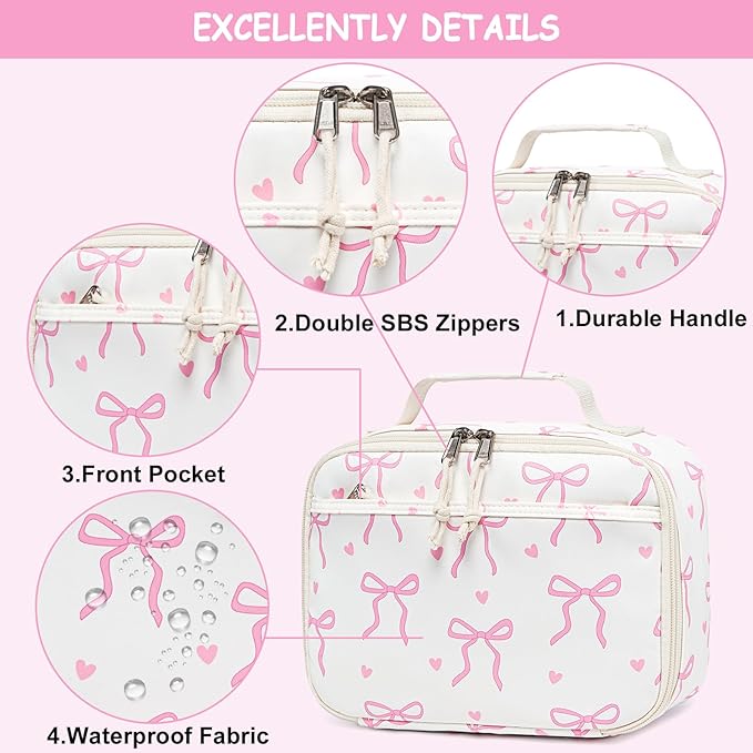 LOIDOU Insulated Lunch Bag for Kids Girls, Cute Bow Insulated Lunch Box Bag for Toddler, Womens Small Lunch Tote, Lunch Box Containers for School Work Picnic, Pink