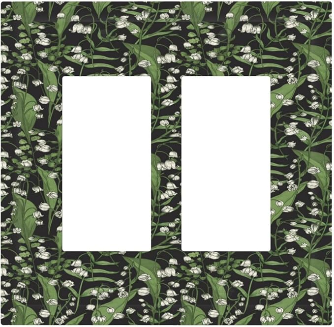 Boho Floral Green Leaves White Flowers Decorative Outlet Covers 2 Gang Double GFCI Rocker Electrical Wall Panels Light Switch Cover Plate for Farmhouse Bed Room Decor