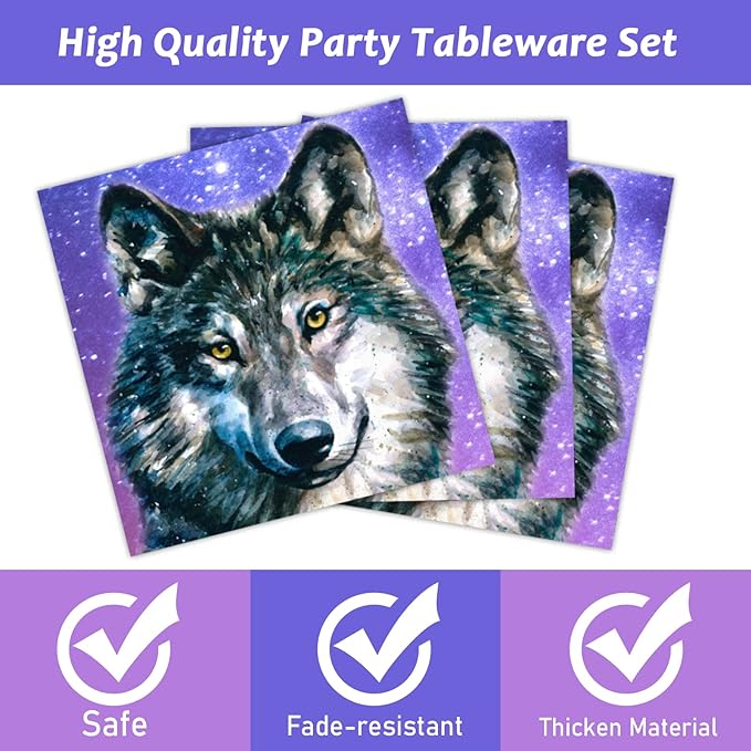 96 Pcs Wolf Party Plates Napkins Tableware Set Wolf Animal Birthday Supplies Disposable Dinnerware Wolves Decoration Favors for Boys Girls Birthday Baby Shower, 24 Guests