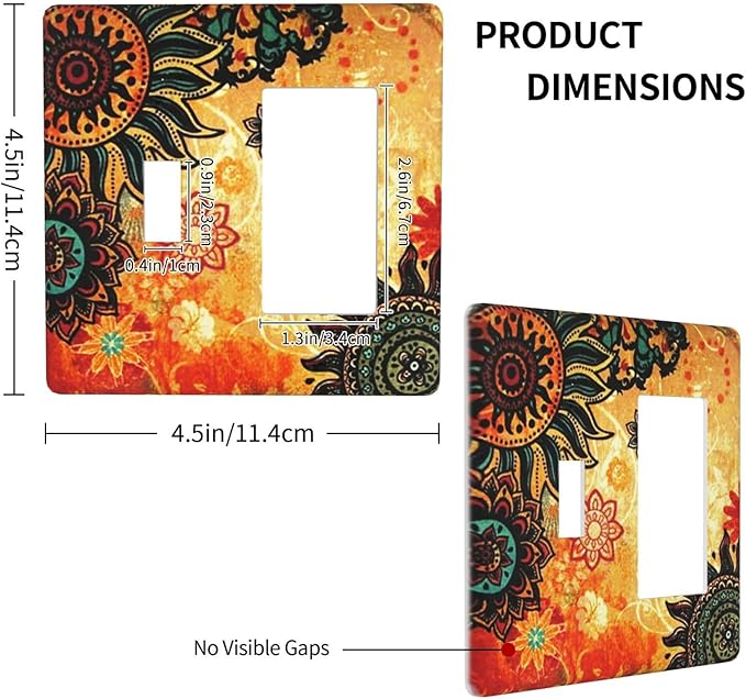Red Mandala Boho Flower Floral 2 Gang Combination Single Toggle/Decorator Wall Plate Burnt Orange Sunflower Bohemian Combo 1-Toggle 1-GFCI/Rocker Outlet Light Switch Dimmer Receptacle Faceplate Cover
