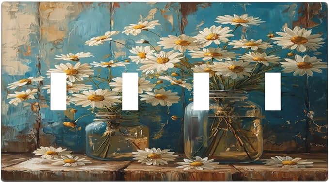 Delicate White Daisy Jars Retro Wood Background Light Switch Covers Quad Toggle Electrical Faceplate 4 Gang Wall Plate Decorative Switch Plates Cover for Farmhouse Home Decor