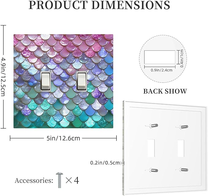 Iridescent Mermaid Scales Double Toggle Switch Cover - 2-Gang Standard US Size Magical Rainbow Mermaid Light Switch Covers for Girls Room Decor