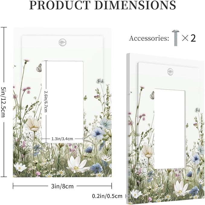 Colorful Wildflowers Daisy Plant Butterfly Floral Decorative Outlet Covers 1 Gang Single Rocker Light Switch Cover Plate Wall Plates GFCI Faceplate for Bed Room Living Room Decor