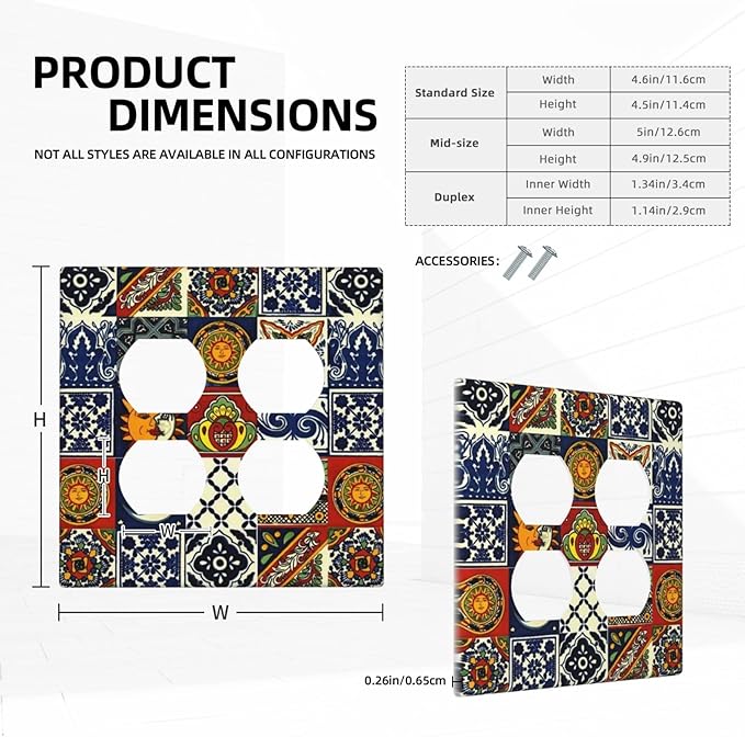 Boho Hippie Sun and Moon Mexican Talavera Tile 2-Gang Device Duplex Wall Plate, Mysterious Hippy Moroccan Tiles Decorative Two Gang Double Duplex Receptacle Socket Outlet and Light Switch Cover Plate