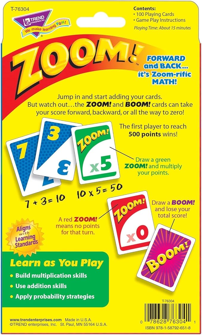 Trend Enterprises: Zoom! Multiplication Card Game, Use Addition Skills, Build Multiplication Skills, Test Probability, Surprise Cards Send Scores to Zero, 1 to 4 Players, for Ages 9 and Up