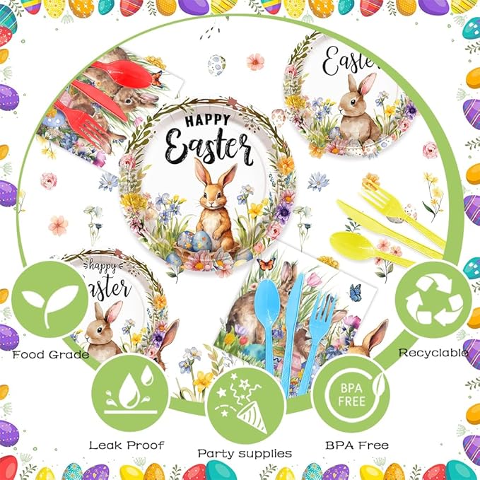 AIBIIN Easter Party Supplies, Happy Easter Party Tableware Set, Happy Easter Banner, Bunny Paper Plates Napkins Cups for Easter Spring Party Decorations