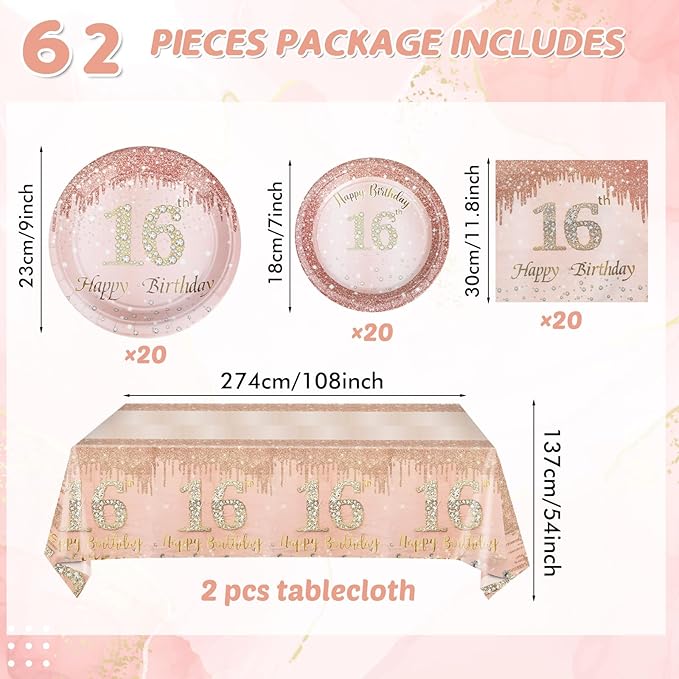 16th Birthday Party Decorations for Girls, Rose Gold Birthday Supplies Include 20Pcs Dinner Plates, 20Pcs Dessert Plates, 20Pieces Napkins and 2 Tablecloth, Sweet Sixteen Birthday Party Tableware