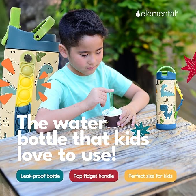 Elemental Iconic Kids Water Bottle for School - 100% Leak-Proof Insulated Water Bottles with Straw Lid & Pop-It Handle for Boys & Girls - Triple-Wall Insulated & BPA-Free, 14oz – Dinosaur