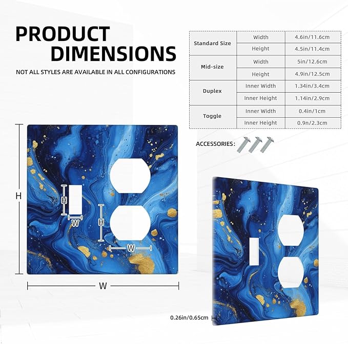 Light Switch Cover Plate Navy Blue Gold Marble Abstract Luxury 2 Gang Outlet Covers 1 Toggle 1 Duplex Socket Cover Wallplates Electrical Switch Plate Covers for Bathroom Home Decor