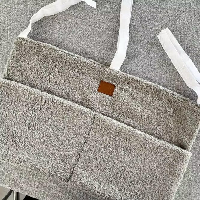 Adm&Eve Bedside Diaper Caddy - Teddy Material With 2 Compartments for Baby Carrier, Crib, Stroller & Changing Table, Hanging Storage Organizer (Grey)