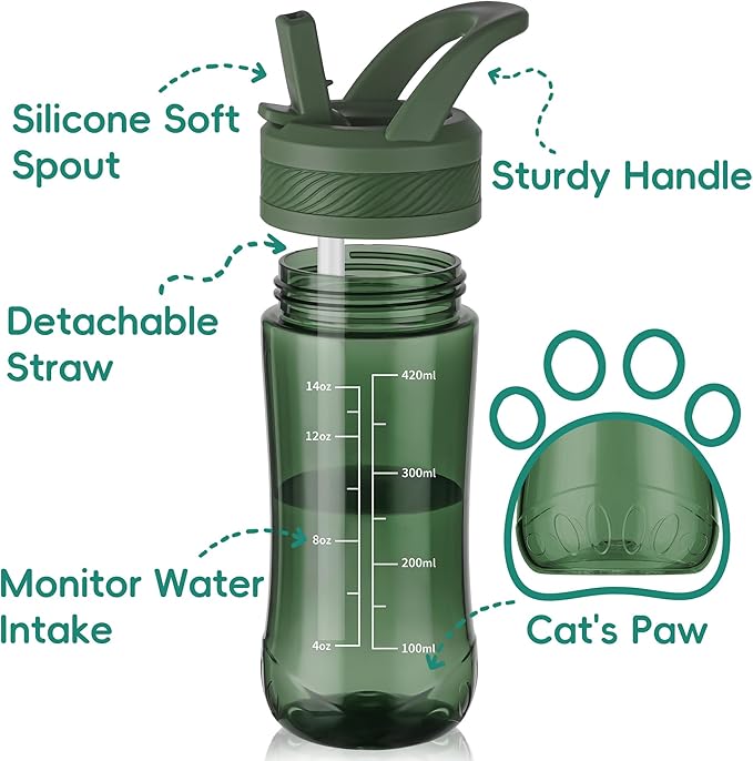 Kids Water Bottle, Dustproof Leakproof Cover, BPA Free Tritan Water Bottle Kids With Volume Markings Drinking 14oz Clear Water Bottle Unique Cat Paw Print Bottom Toddlers,School ,Outdoor（ Army Green）