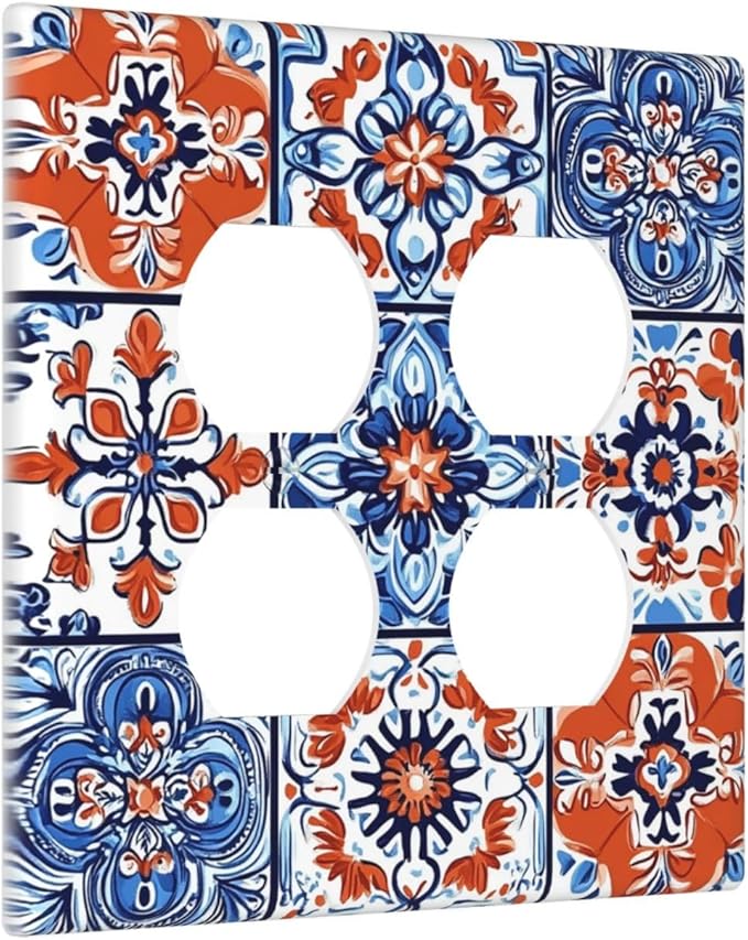 Outlet Covers Colorful Talavera Mexican Tile 2 Gang Double Duplex Decorative Light Switch Covers Electrical Wallplates Socket Faceplate For Bathroom Kitchen Decor