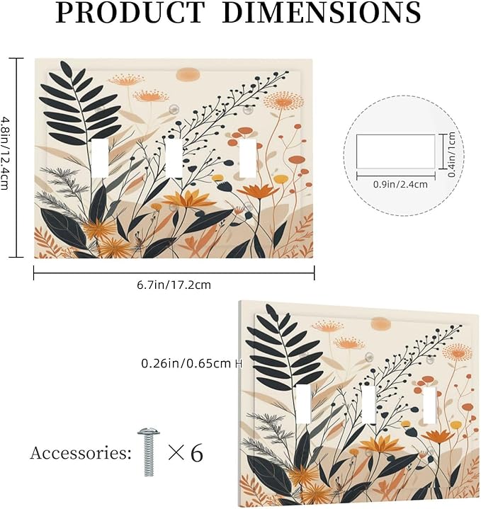 Light Switch Cover Plate Minimalist Floral Boho Botanical Wildflowers 3 Gang Triple Toggle Decorative Switch Plates Wall Plates Electrical Switchplate Faceplate for Bathroom Bedroom Decor