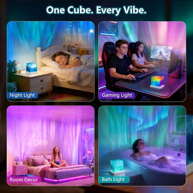 HUMIIEYE Northern Lights Projector, Cube Aurora Galaxy Projector with Remote, 16 Color Mood Lighting Dimmable Ocean Light, Memory Function, Trendy Cute Stuff for Teen Girls Gifts Bedroom Room