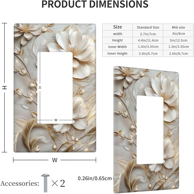 Decorative Art Light Switch Covers Elegant White and Gold Florals 1 Gang Rocker Outlet Wall Plate Switchplate Electrical Faceplate for Home Decor