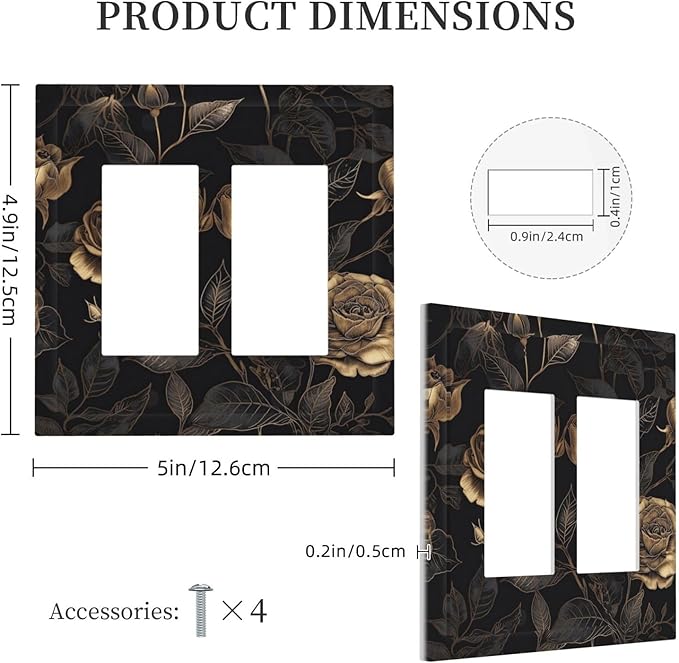 Black Floral Dark Vintage Gold Rose Flower Decorative Outlet Covers 2 Gang Double GFCI Rocker Electrical Wall Panels Light Switch Cover Plate for Bedroom Living Room Decor