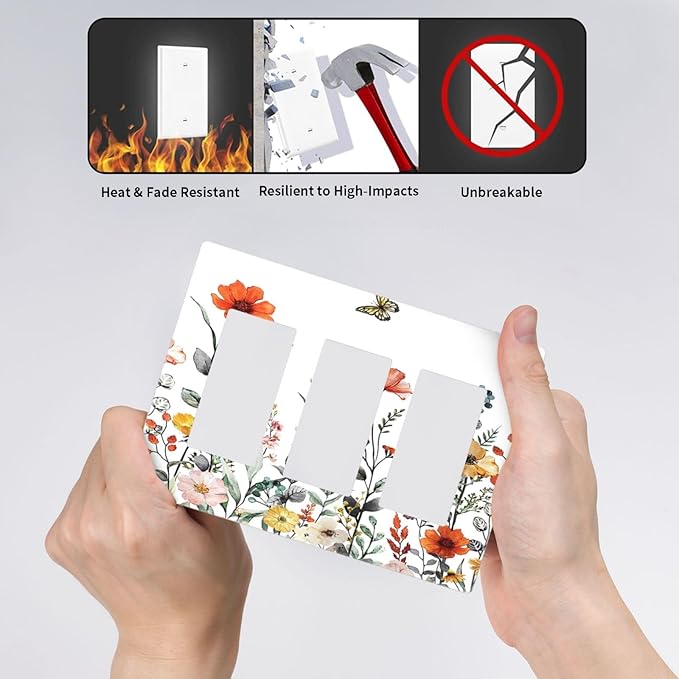 Colorful Butterfly Blossom Flower Floral Triple Decorator Light Switch Cover 3 Gang GFCI/Rocker Wallplate Decorative Electrical Faceplate Switchplate Dimmer Screwless