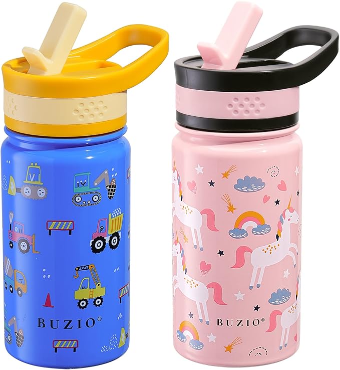 2 Pack Kids Water Bottle, BUZIO 14oz Insulated Stainless Steel Water Bottles with Tritan Straw Lid for toddler, Double Wall Leak Proof Lead-Free Drink Flask for School Boy Girl (Pink Unicorn+Blue Car)