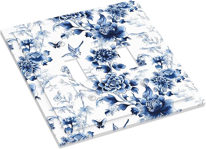 Blue Flower White Floral Plant Bird Butterfly Decorative Switch Plates 2 Gang Double Toggle Outlet Light Switch Cover Wall Plate Electrical Faceplate for Bedroom Living Room Decor