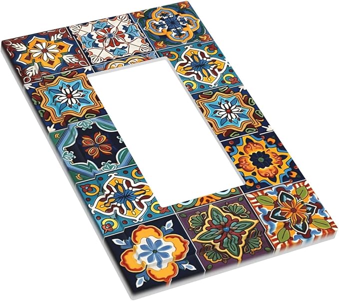 Mexican Talavera Tiles Floral Decorative Outlet Covers 1 Gang Single Rocker Light Switch Cover Plate Wall Plates GFCI Faceplate for Bathroom Kitchen Decor