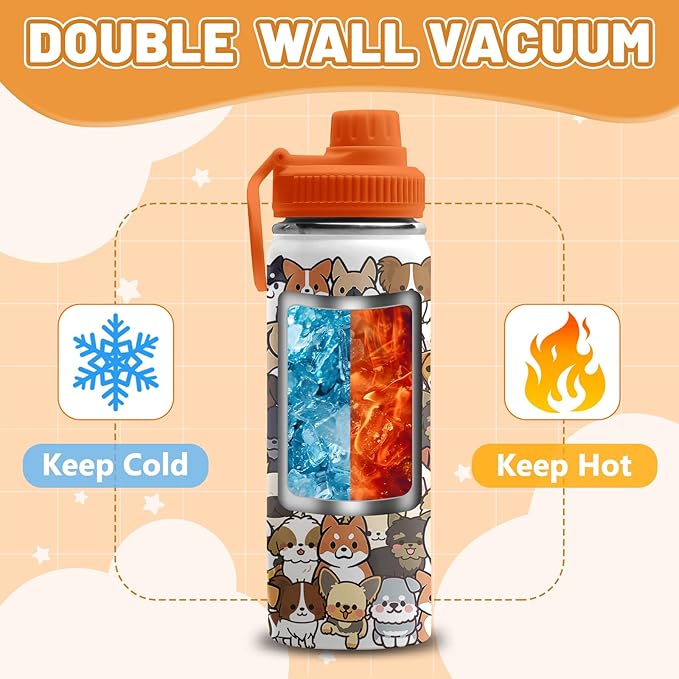 Dogs Gifts for Dog Lovers, 18 oz Stainless Steel Water Bottles with 2 Lids, Insulated Water Bottle with Straw, Dogs Cups for Travel Sports Outdoor, Birthday Christmas Gifts for Boys Girls