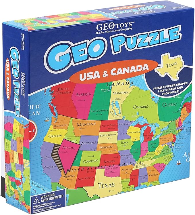 GeoToys GeoPuzzle, USA & Canada Jigsaw Puzzles, 69 Pc Geography Game & Map Puzzle, Educational Games & Kids Learning Activities, Puzzle Gifts for Children Ages 6-9, Fun Learning Toys for Kids