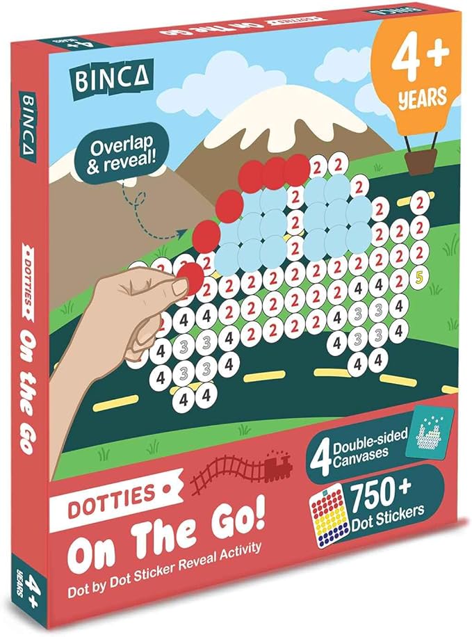 BINCA Dotties Dot Art Activity Kit - On the Go, 750+ Stickers, Vehicles Mess-Free Activities, DIY Dot Sticker Art, Travel Activities, Gifts for Boys & Girls Ages 4,5,6,7
