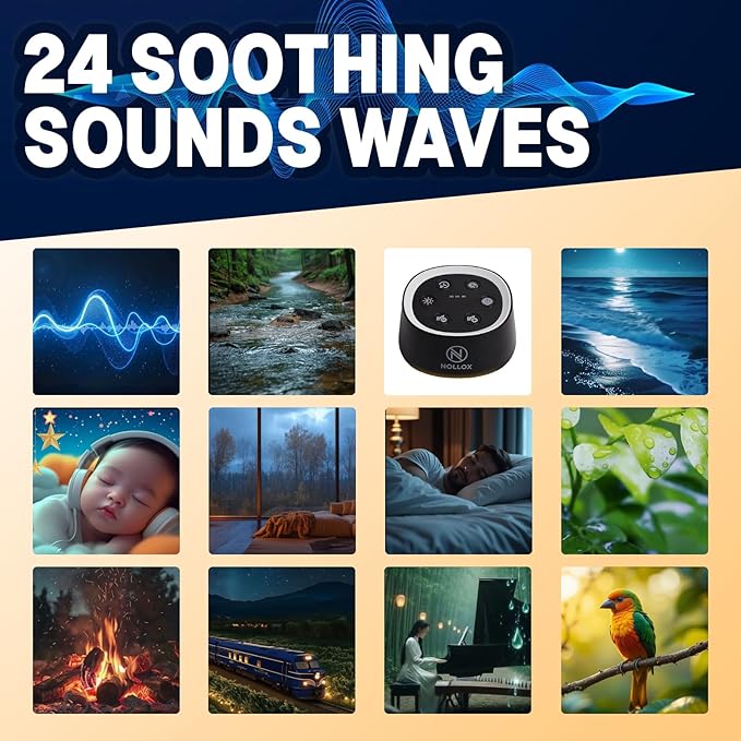 White Noise Machine for Baby Kids & Adults 24 Soothing Sounds Cry Sensor Night Light Rechargeable via Type-C Timer & Memory Portable Sleep Sound Device