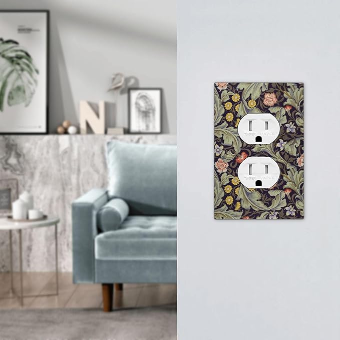 Boho William Morris Floral Green Leaves Flower Outlet Covers 1 Gang Duplex Light Switch Cover Decorative Switch Plates Electrical Receptacle Faceplate Wall Plate for Farmhouse Home Decor