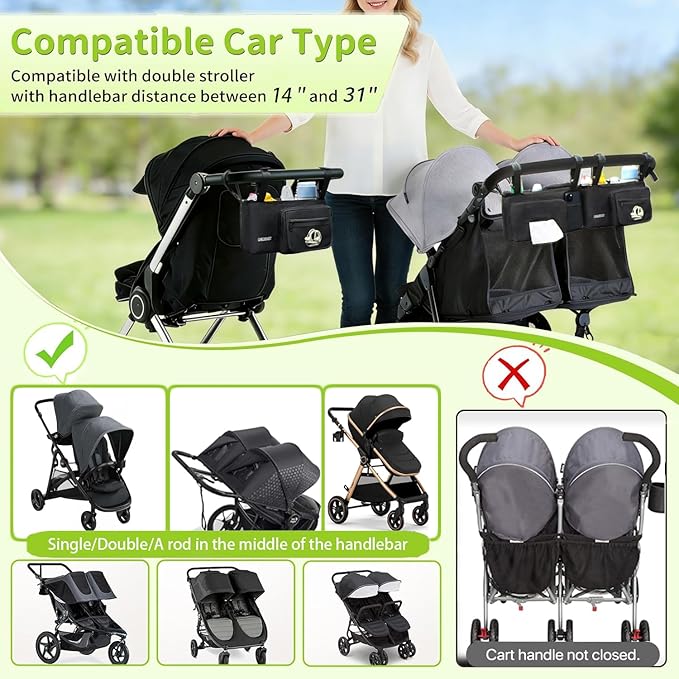 Double Stroller Organizer Compatible with BOB Duallie and Baby Jogger City Mini GT2 Double Stroller, Double Baby Stroller Accessories with 2 Cooler Pockets , Black(Empty Bag)