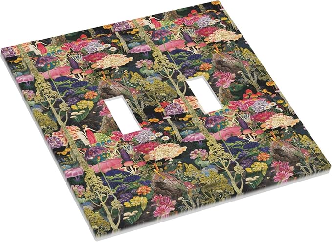 Dreamy Tropical Rainforest Colorful Mushroom Wildflower Decorative Switch Plates 2 Gang Double Toggle Outlet Light Switch Cover Wall Plate Electrical Faceplate for Farmhouse Kids Room Decor