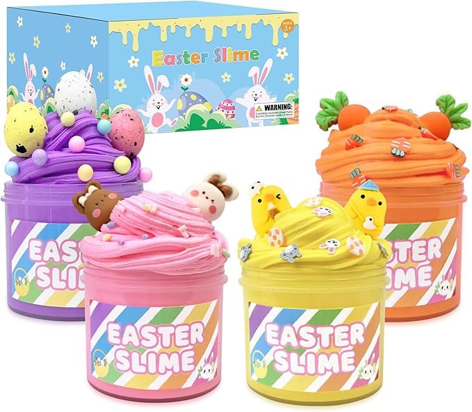 Easter Basket Stuffers for Kids 4-8 Pack,Easter Slime W/Charms Party Favors Supplies Toys for Girls Boys,Small Goodie Bag Fillers for 8-12,Non Candy Treats Items Prizes for Classroom Student