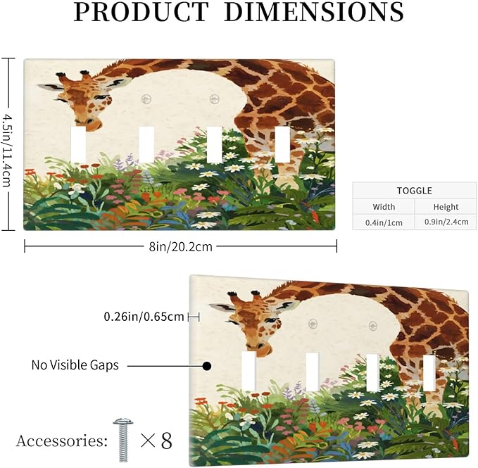Giraffe Quad Toggle Wall Plate Decorative 4 Gang Light Switch Covers Electrical Switchplate Home Decorate Faceplat for Bathroom Bedroom Kitchen Room 4.5 x 8 Inch