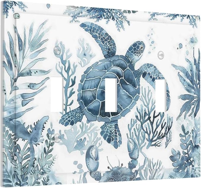 Blue Sea Turtle Coastal Coral Beach Crab Seaweed Decorative Switch Plates 3 Gang Wall Plate Triple Toggle Light Switch Cover Faceplate Electrical Wall Panels for Kids Room Bathroom Decor