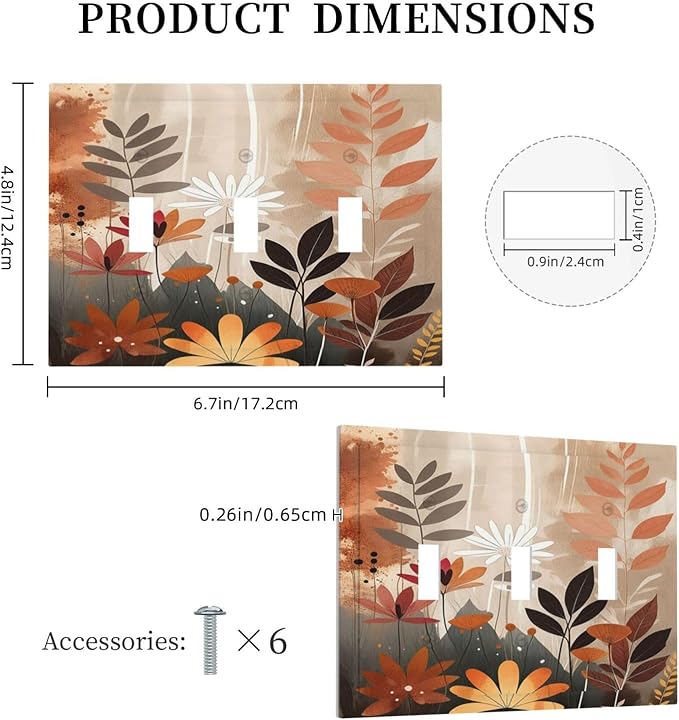 Boho Minimalist Vintage Wildflowers Plant Floral Art Watercolor Decorative Switch Plates 3 Gang Wall Plate Faceplate Electrical Wall Panels Triple Toggle Light Switch Cover for Bedroom Living Room