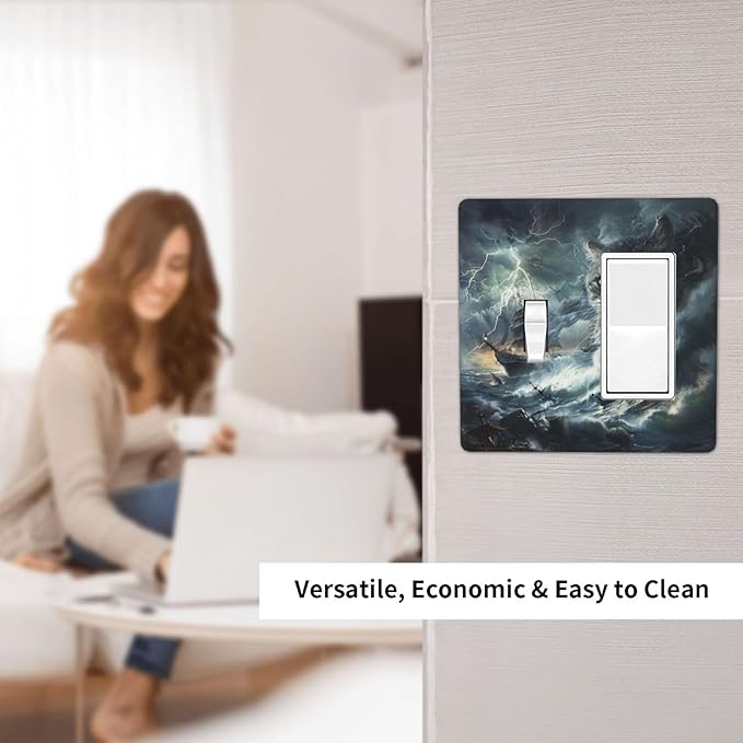 Light Switch Cover Plate funny Cat Stormy sea Lightning Sailboats 2 Gang Combo Wall Plates Toggle Rocker Decorative Switch Plates and Outlet Covers for Bathroom Kid Room Decor