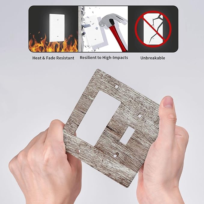 Light Switch Cover Plate Rustic Dark Grey Wood Plank Vintage Texture 2 Gang Toggle Rocker Combo Wall Plates Decorative Switch Plates and Outlet Covers Socket Cover for Farmhouse Home Decor