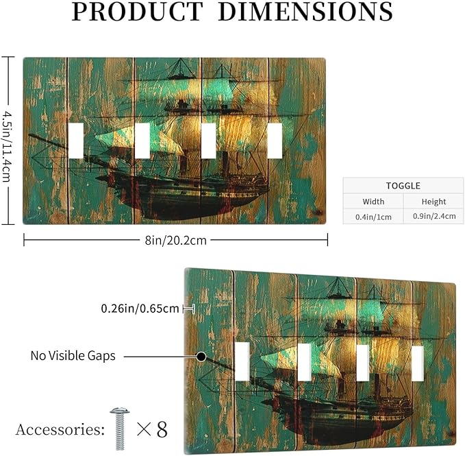Light Switch Covers Rustic Green Wood Grain Sailboat Quad Toggle 4 Gang Wall Plate Electrical Faceplate Decorative Switch Plates for Farmhouse Bedroom Decor
